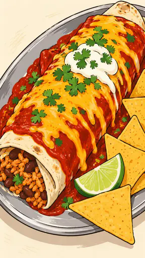 A delectable burrito smothered in red sauce and melted cheese, garnished with sour cream and cilantro, sits on a silver tray with a lime wedge and chips beside it.