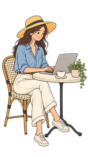 An adult woman in a straw sun hat and denim shirt types on a laptop at a small round cafe table with a coffee cup and a potted plant, isolated on a transparent background.