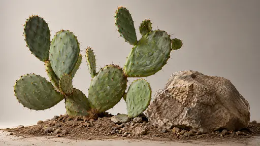 A flat-padded prickly pear cactus spreads its joined pads beside one large bare rock on dry soil in clear side light.