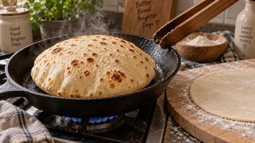 An inflated golden flatbread cooks in a dark pan beside a flour-dusted uncooked round and wooden tongs.