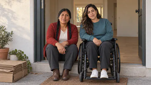 A sturdy woman in her mid forties with two long black braids and a wheelchair-using woman in her early thirties rest together at their open front door in low golden light, a neat stack of flattened plain boxes tied beside the step and two small potted plants newly set on it.