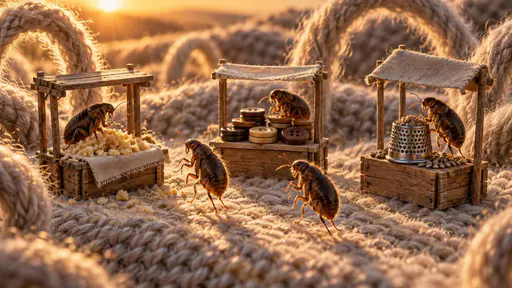 Flea market: clearly insect-shaped fleas with jointed legs tending matchbox-sized market stalls on a folded wool blanket — one with crumbs, one with buttons, one with seeds — while flea customers hop before them beneath giant looping wool fibers.