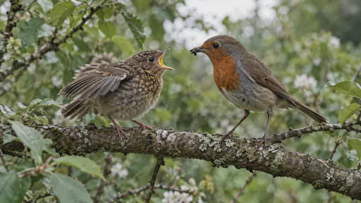 On a garden branch in soft overcast light a fluffy fledgling robin with a speckled brown chest crouches with its wings quivering and its beak wide open as an adult robin lands beside it with an insect in its beak against a soft green background.