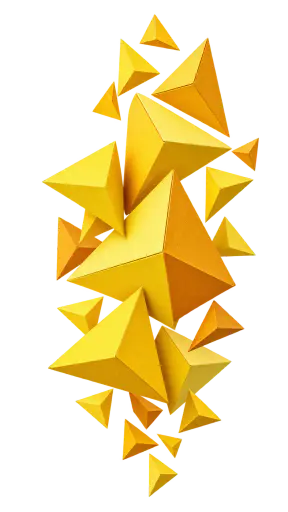 A floating vertical cluster of faceted yellow cardstock triangles and pyramids with crisp creases in lemon, gold and amber, isolated on a transparent background.