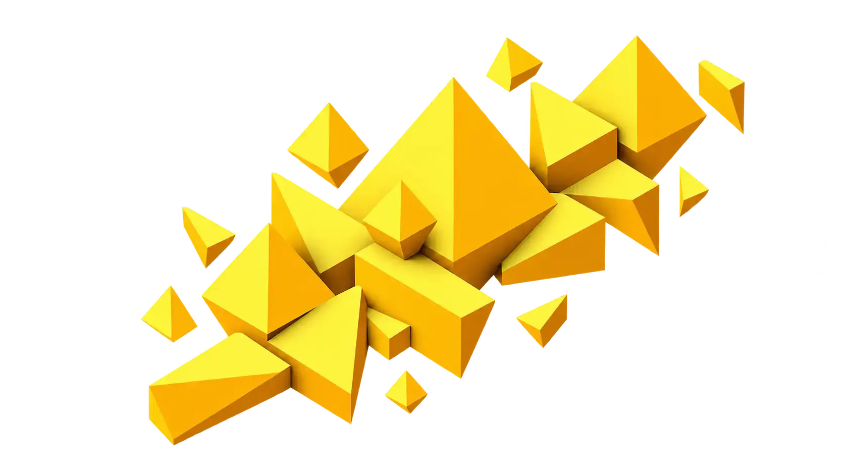 A floating diagonal cluster of yellow isometric pyramids and triangular blocks in shades of lemon, gold and amber, isolated on a transparent background.