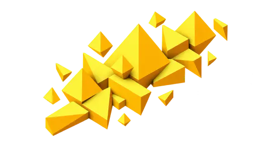 A floating diagonal cluster of yellow isometric pyramids and triangular blocks in shades of lemon, gold and amber, isolated on a transparent background.