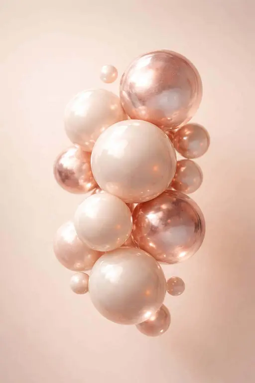 Close-up product-style still life of glossy floating spheres in soft rose-gold and pearl tones, composed for a 2:3 vertical wallpaper with calm minimalism and subtle reflections.
