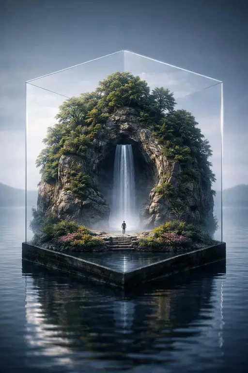 Photoreal 3D-render of a hexagonal floating-island diorama with waterfall and lone figure, composed for a 2:3 vertical poster crop.
