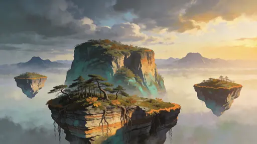 A surreal 16:9 digital painting of multiple floating islands drifting in mist and low clouds, detailed rock and foliage textures, dramatic rim lighting and deep atmospheric depth for wallpaper.