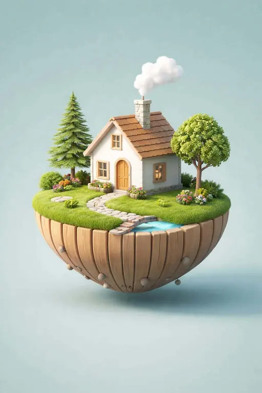 High-fidelity 3D render of a tiny white cottage nestled on a floating wooden island against a minimalist teal background for a whimsical digital wallpaper.