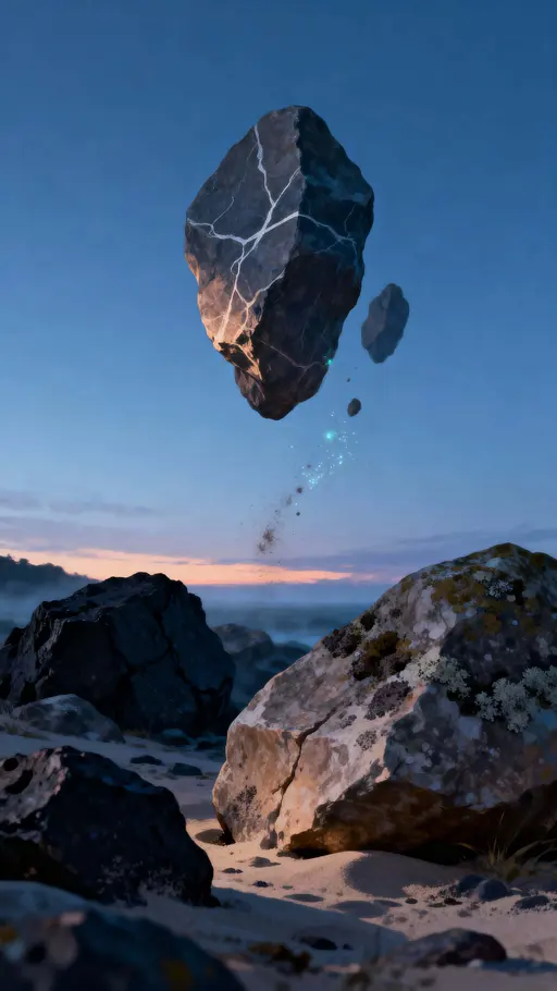 A vertical, cinematic scene of floating rocks drifting through a cool twilight sky above a distant horizon, rendered with soft atmospheric haze and cinematic framing in a 9:16 ratio to emphasize height and scale.
