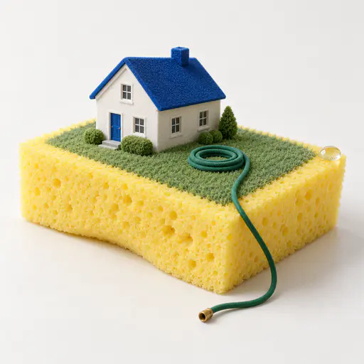 A flocked green lawn patch, a small house and an unraveling hose sit on a dry bleached yellow kitchen sponge with one drop of water at the far corner.