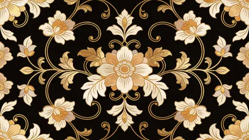 An elegant seamless decorative floral pattern tiled across a 16:9 surface, with intricate hand-drawn flowers, leaves and vines in soft gold, warm beige and muted ivory on deep black.