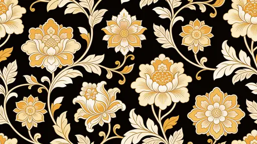 An ornamental hand-drawn seamless floral pattern of intricate flowers, leaves, and vines in soft gold, warm beige, and muted ivory against a deep black field, tiled for 16:9 use.