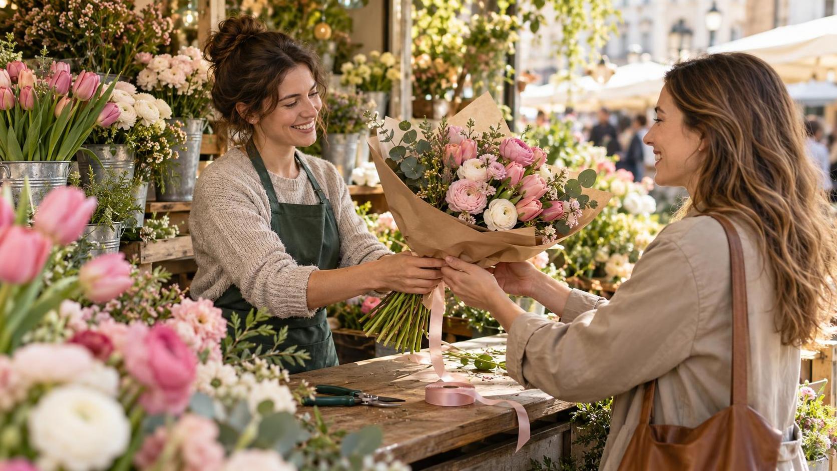 An adult florist at a flower stall hands a wrapped bouquet of tulips and ranunculus to a smiling customer across the counter with secateurs and ribbon on the table and buckets of blooms around.