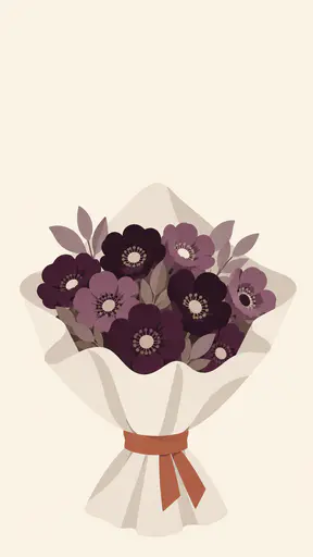 Flat vector poster illustration of a bouquet of dark plum and near-black flowers wrapped in pale bone-white paper whose folded edge forms a ghost silhouette, tied with a muted rust band, centered on a flat cream background with empty copy space above — a friendly Halloween florist promotion graphic.