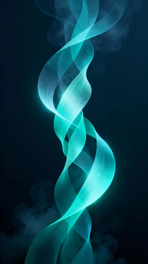 A vertical 9 by 16 abstract composition of flowing luminous ribbons in aqua and violet tones with a velvety haze and soft bloom, keeping the top 12 percent as negative space and both lower corners dark and empty.
