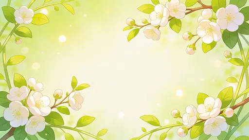 Illustrated spring scene with gentle rounded blossoms and bright green leaves framing the edges, soft stems and a smooth gradient background with glowing light spots and an open center for text.