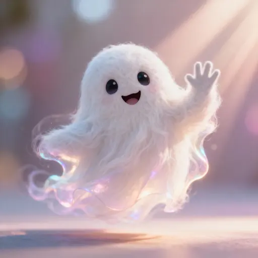 A cute, fluffy ghost in a square-format photographic style. Soft lighting, whimsical and artistic composition, high detail in textures of fluff and subtle translucency, playful expression, gentle bokeh background, warm color tones, creative