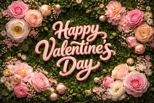 A tightly composed 3:2 still-life with fluffy pink hand-lettered "Happy Valentine's Day" centered and filling half the frame, ringed by mixed spring blossoms and deep green leaves.