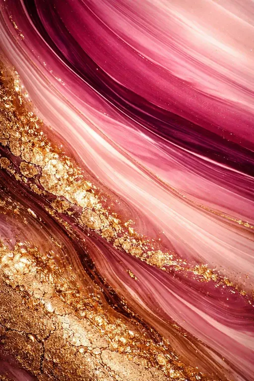 Close-up abstract photography of a pink and gold marbled surface with diagonal bands and textured metallic pools, framed as a 2:3 vertical wallpaper composition.