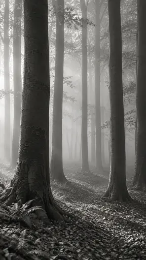 Fog thickens among tall beech trunks that recede in paler rows past low ferns and a faint leaf litter path in a black and white photograph.
