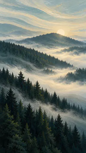 Three overlapping ridges of dark spruce forest roll toward the viewer with white fog bands lying in the valleys below a pale glowing sun.