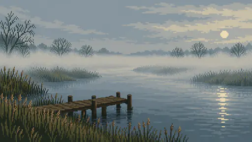 A wide river winds between reed banks and bare willows under a thick bank of fog with a pale low sun and a wooden jetty in the foreground in hand placed pixel dither.
