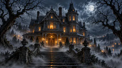 A foggy night view of a Victorian mansion with lit windows, steps and twisted trees.