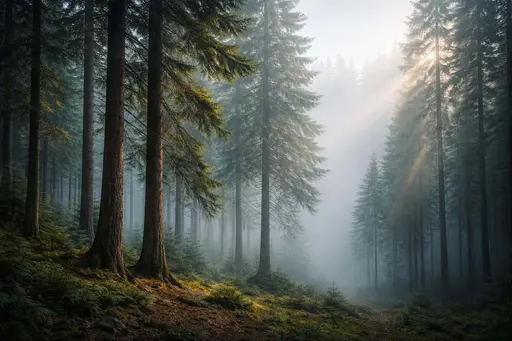 Fog-filled evergreen forest captured as a 3:2 wallpaper-style landscape with soft sun rays piercing mist and a cinematic, low-contrast atmosphere for desktop or print use.