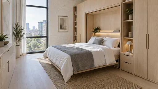 A made-up double bed with a white duvet and grey blanket folds down from a pale oak wall unit beside a tall window in a compact thirty square metre flat, a clear strip of pale wood floor beside it in soft morning light.