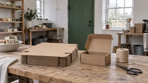 A neat stack of folded flat-pack kraft boxes sits beside one assembled plain box with its lid open, a roll of twine and scissors on a pine bench in the packaging corner of a small workshop in bright even light.