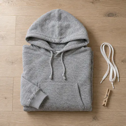 A plain heather grey cotton hoodie is folded neatly into a square stack with the hood on top and the pocket and drawstrings visible on a pale oak floor in a flat lay photograph.