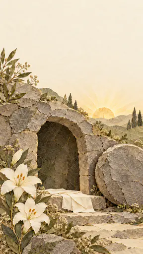 An open stone threshold with a round stone rolled aside holds a folded linen cloth of pale pressed petals with white lilies at its base under a pale gold sunrise.