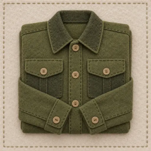 A neatly folded olive green field jacket with a collar, two flap pockets and tucked sleeves rests on a pale oatmeal felt ground with a stitched border.