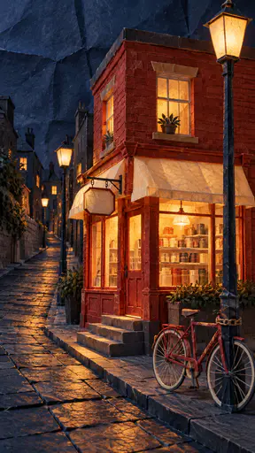 A small brick corner shop folded from translucent paper glows warmly from inside with a stoop and a paper bicycle on a quiet navy evening street.