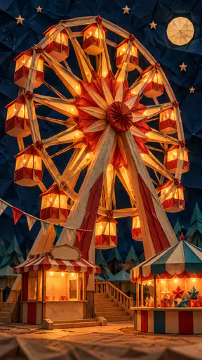 A tall folded paper Ferris wheel glows amber and red above a tiny ticket booth and a striped stall under a navy night sky at a county fair.