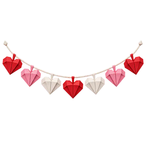 A drooping cord garland of seven folded-paper hearts in red, pink and white, on a transparent background.