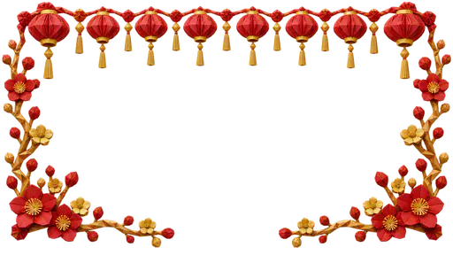 A rectangular border of folded-paper red lanterns with gold tassels hanging along the top and gold plum blossom branches along the sides and bottom corners, with a large open transparent centre.