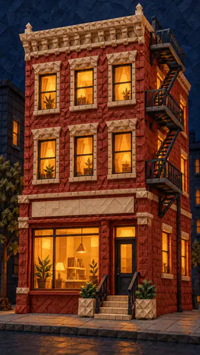 A small storefront with three storeys of glowing apartment windows above it and a zigzag fire escape built from folded paper modules on a navy evening.