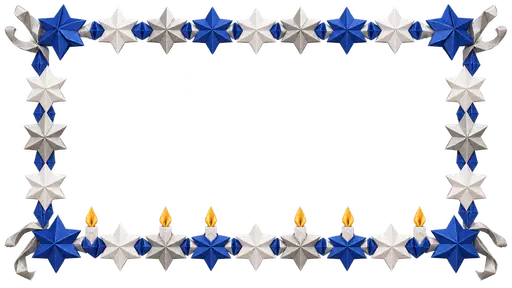 A rectangular border of folded-paper six-pointed stars in royal blue, white and silver with small paper candles with golden flames along the bottom edge and silver ribbons at the corners, with a large open transparent centre.