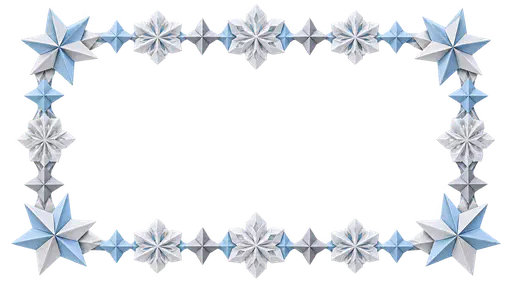 A rectangular border of folded-paper stars and snowflakes in white, silver and pale blue along all four edges, larger at the corners, with a large open transparent centre.