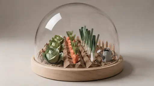 Four neat rows of pale brown paper soil with folded paper cabbages, carrots and leeks and a tiny paper watering can sit inside a clear round glass dome on a pale wooden base.