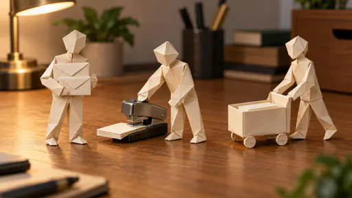 Paperwork: eye-level miniature still-life photograph of three little blank-paper figures on a wooden office desk: one carries envelopes, another operates a small stapler, and the third pushes a folded-paper cart.