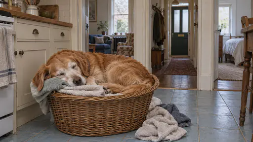 An old golden retriever lies settled asleep on top of a wicker laundry basket heaped with folded plain towels, his curl filling the rim and one ear flopped over the edge, towels tumbled beside it.