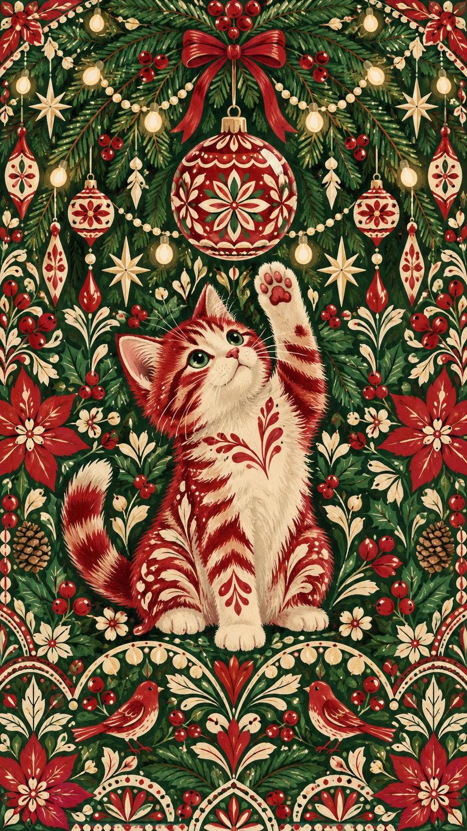 A playful kitten bats at a shining glass ornament that dangles from a Christmas tree branch with tinsel and warm fairy lights around and the kitten paw mid swipe.