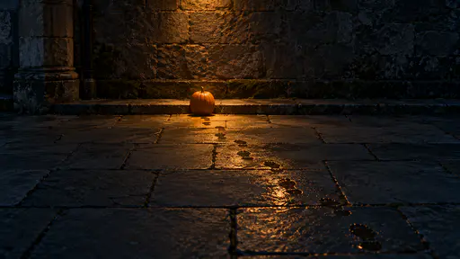 Cinematic night photograph for an eerie Halloween street background: a short trail of wet footprints crosses dry covered flagstones and stops at one small orange pumpkin lit by a single pool of amber streetlight, blue-grey shadows around, reflections following the prints on wet stone. The dark uncluttered upper wall is the declared copy zone; the subject and its light stay readable at thumbnail size.