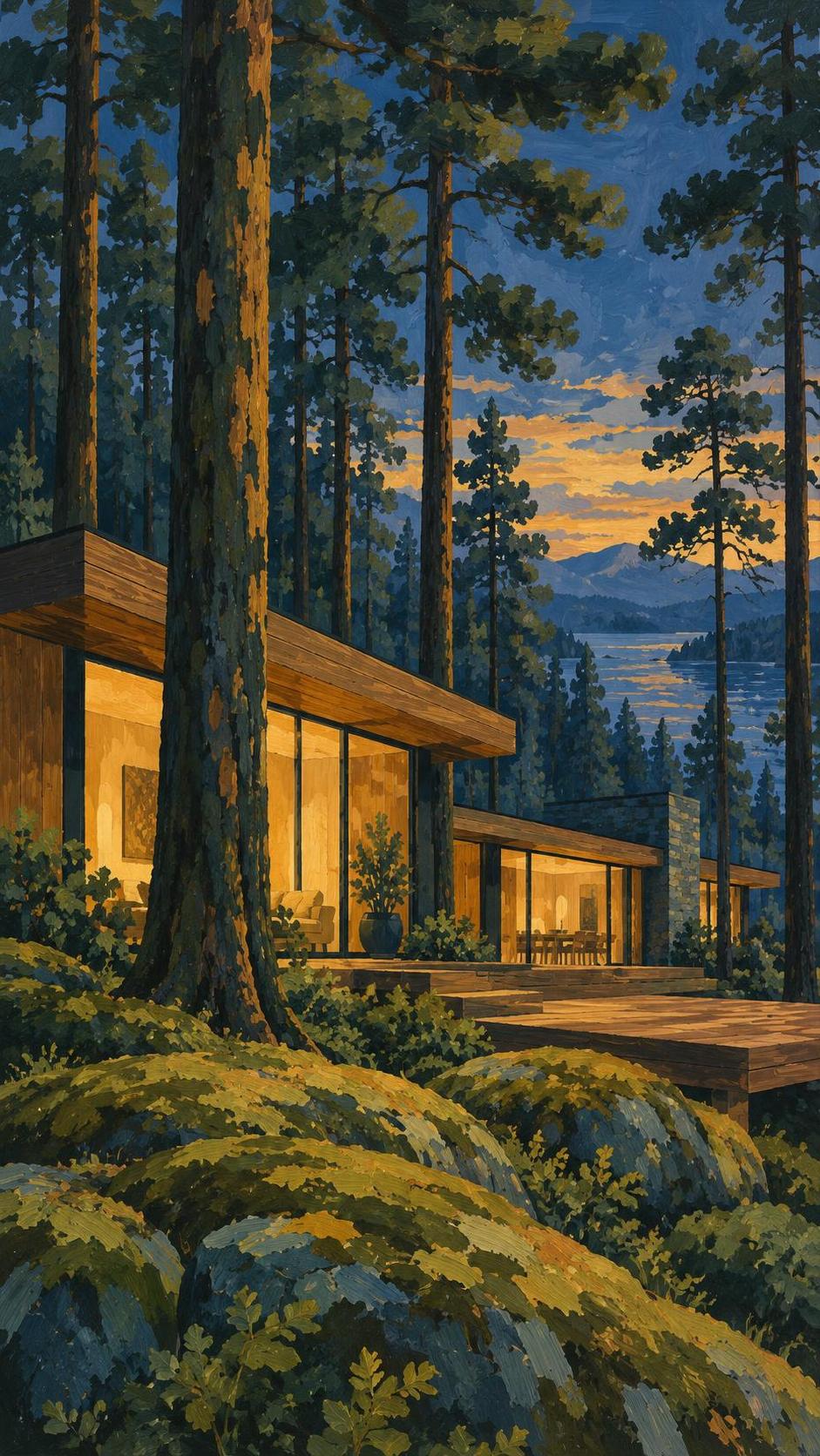 A modern luxury cabin in a pine forest has long low timber and glass volumes with a flat roof and warm light glowing from tall windows at dusk beside a wooden deck and mossy ground.