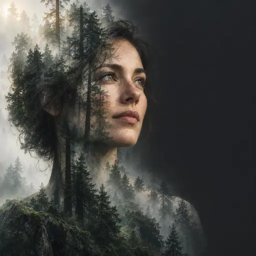 Portrait of an invented adult woman blended with a misty conifer forest: tree trunks rise through her crown and hair, canopy texture forms the hair mass, her far shoulder dissolves into fog, and both eyes stay visible through the graded tone; both exposures read clearly.