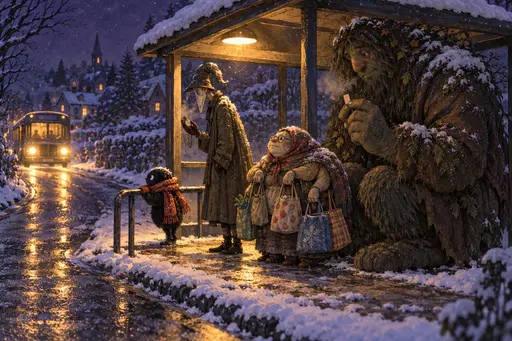 Comic-style night scene of exaggerated characters queueing at a lit bus shelter while a giant kneels at the back holding a tiny blank ticket.